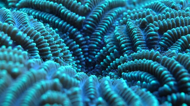 Stunning vibrant blue macro shot of intricate brain coral texture underwater environment
