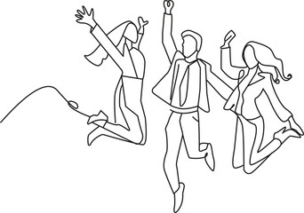 Celebrating Business Success-  Continuous Line Art of a Joyful Team -Success, Teamwork, Business, Celebration, Happy, Jumping,