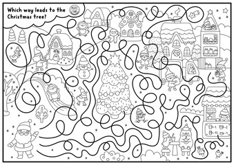 Christmas village black and white maze with animals and Santa Claus going to fir tree. Line detailed labyrinth game with market, houses, deer. Winter holiday printable activity, coloring page