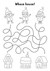 Christmas village black and white maze with elves and their houses. Line labyrinth game with dwarfs and homes. Winter holiday printable activity, worksheet, coloring page. Where the gnomes live