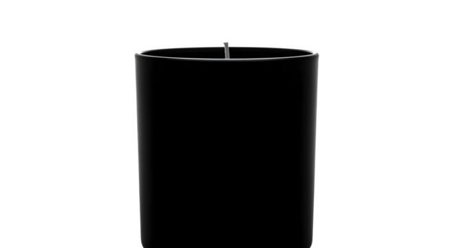 A black candle in a glass holder, providing a sleek and modern decorative element  isolated on transparent background