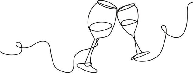 Continuous Line Art of Clinking Wine Glasses - Wine, Toast, Celebration, Cheers, Continuous Line Art,