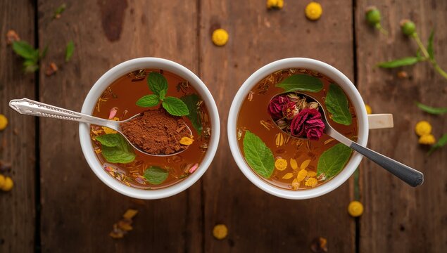 Two cups of herbal tea featuring mint, cinnamon, dried rose, and chamomile flowers with spoons on a surface, fiber-dense choice