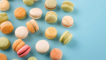 Obraz premium Colorful French macarons arranged on a blue backdrop, vibrant dessert choice