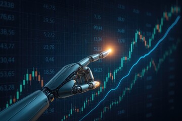 Robot finger pointing at stock market growth chart, artificial intelligence finance