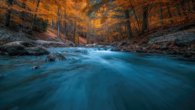 Carpathian Autumn Forest Stream, flowing water with motion blur