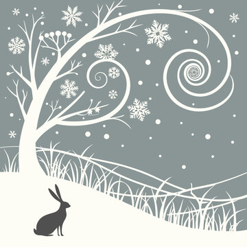 Winter scene with rabbit, snowflakes and swirling patterns Keywords: winter, snow, rabbit, hare