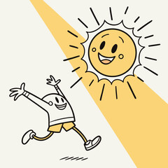 Cheerful cartoon sun shining on a happy running child vector illustration