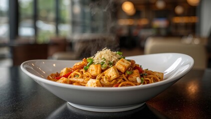 Schezwan hakka noodles topped with paneer, a protein-rich meal choice