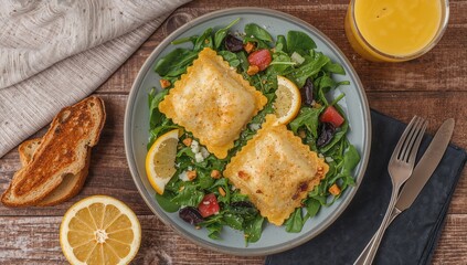 Mood food salad with toast and orange juice, protein-rich meal