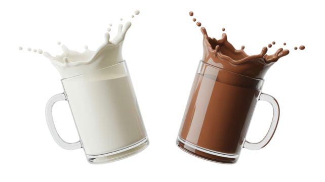 Two glasses filled with splashing milk and chocolate milk chocolate beverages with milk splashing from glasses tasty chocolate and fresh white milk on transparent backdrop