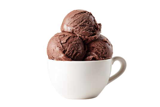 Rich chocolate ice cream scoops in a white cup isolated on transparent background
