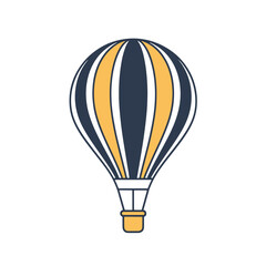 Dark blue and yellow striped hot air balloon with basket on white background travel transport