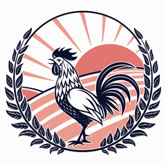 Rooster Emblem with Laurel Wreath and Sunrise chicken bird