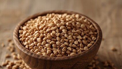 Raw buckwheat grains displayed in a wooden bowl, a fiber-dense choice