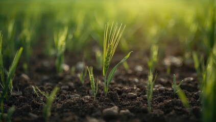 Fototapeta premium Closeup of young wheat sprouts, showcasing growth potential, Earth Day