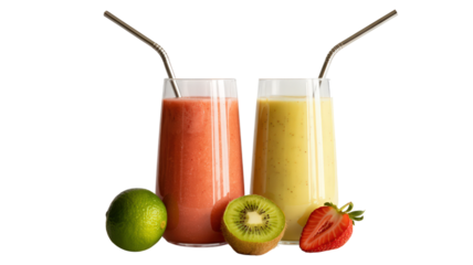 Two Glasses of Refreshing Fruit Smoothies with Lime, Kiwi, and Strawberry on Checkered Background a Delicious and Healthy Beverage at Cafe or Restaurant Exactly 200 Characters