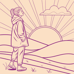 Outline illustration of a young woman in a hooded jacket looking at a sunrise over rolling hills