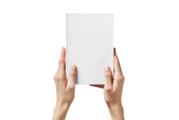 Hands holding a blank white card isolated on transparent background