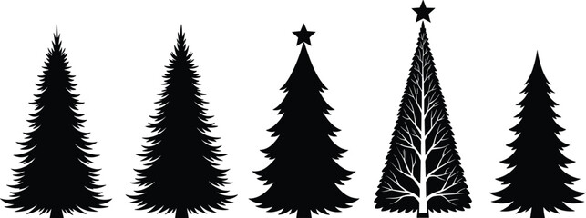 Fototapeta premium Stylized pine tree silhouette illustration—five artistic designs with stars and branching variations for Christmas, nature, and decorative visuals
