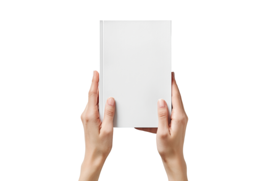 Hands holding a blank white card isolated on transparent background