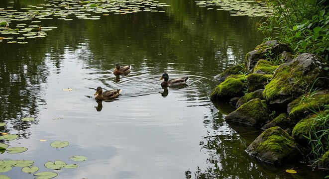 Ducks swim in tranquil pond with lily pads and mossy rocks along the edge - Powered by Adobe