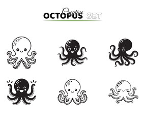 Cute octopus icons set in different styles, funny underwater sea animal vector illustration. Animal Consciousness Logos. Collection of six black illustrated octopus drawings for design elements. 