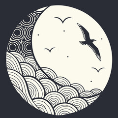 Seagull Flying Over Stylized Waves and Crescent Moon night sky