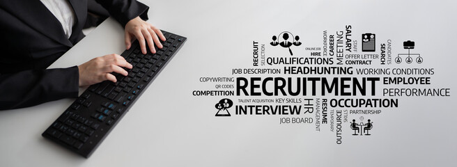 A modern workspace featuring hands typing on a keyboard, surrounded by various concepts related to recruitment and hiring, emphasizing the job search process effectively. Tessel