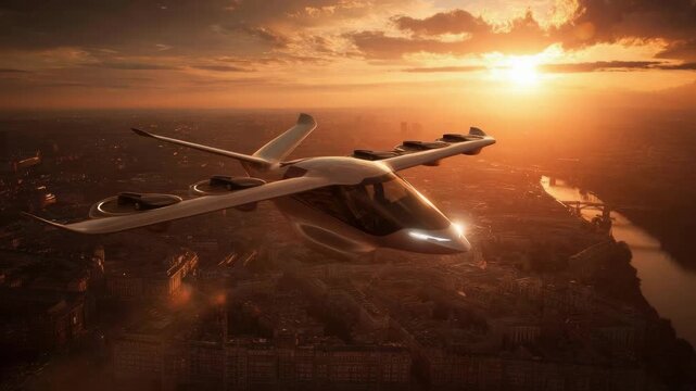 A futuristic passenger aircraft with a sleek design flying over a city at sunset.