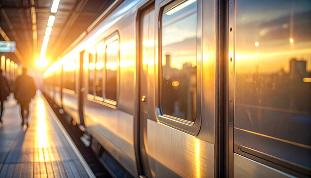 Journey's Beginning: A modern train gleams under the warm, inviting glow of the sun, signaling the start of a journey for the waiting passengers at the station.