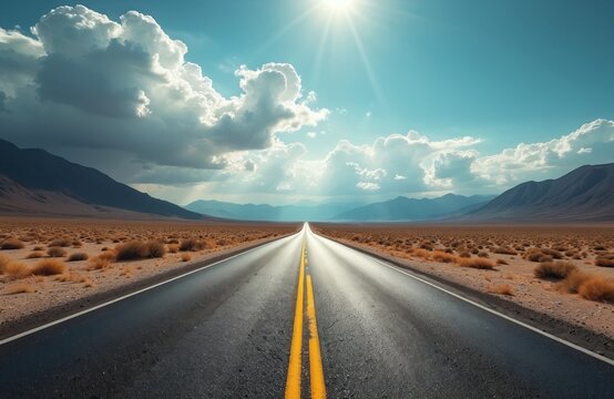 Long straight asphalt road goes through vast desert landscape. Distant mountains under bright sun, dramatic cloudy sky with sun rays. Empty highway journey, travel, freedom, future, adventure. Path