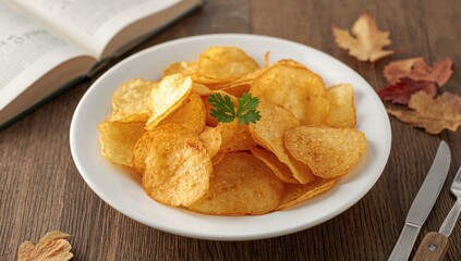 Thinly sliced potato, deep-fried or baked until crispy, commonly enjoyed as a snack or appetizer, refined sugar load