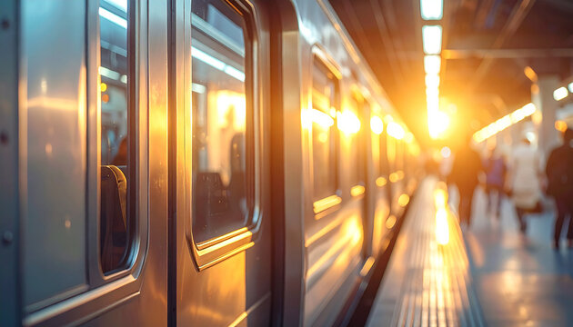 Subway Journey: Capture the essence of urban travel, with a subway car illuminated by the golden rays of sunset, evoking a sense of motion and the pulse of city life.