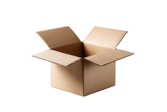 Open cardboard box isolated on transparent background for shipping and delivery