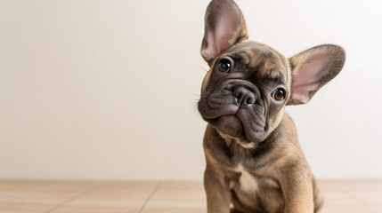 首をかしげて見上げる、可愛らしいフレンチブルドッグの子犬のクローズアップポートレート / Close-up portrait of an adorable French Bulldog puppy tilting its head and looking up