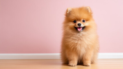 ピンクの壁を背景にフローリングに座り、笑顔で舌を出しているポメラニアン / Pomeranian sitting on a wooden floor with a pink wall background, smiling with its tongue out