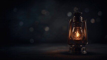 A traditional oil lamp known as pelita illuminated against a soft-focus nighttime backdrop, enhancing ambiance.