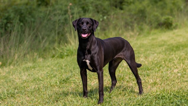 Portrait of a standard-sized black dog standing on grass with trees in the background, focus on companionship