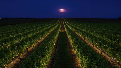 Aerial nighttime view of a plantation filled with orange trees, highlighting agricultural density