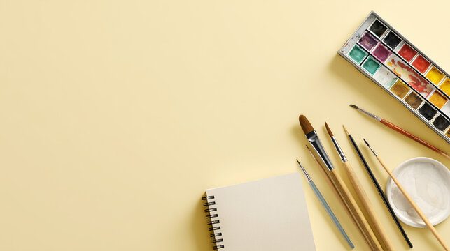 パステルイエローの背景に水彩絵の具、筆、スケッチブックを配置したアート制作の俯瞰図 / Overhead view of art supplies including watercolor paint, brushes, and a sketchbook on a pastel yellow background