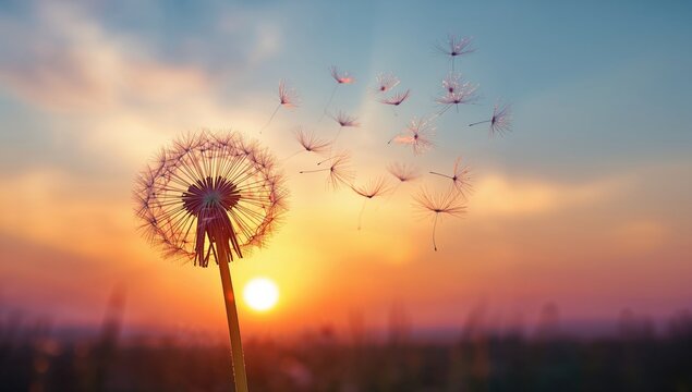 Single dandelion with seeds against a sunset sky, seasonal change