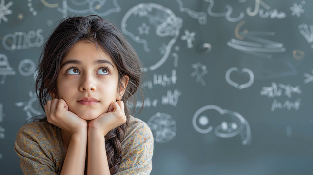 a pensive young Indian girl, hands under her chin, thoughtfully gazing at a chalkboard covered in creative doodles.