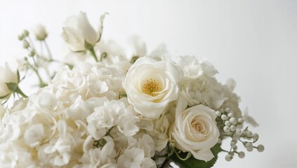 Obraz premium White roses and hydrangeas arrangement, ideal backdrop for floral-themed designs