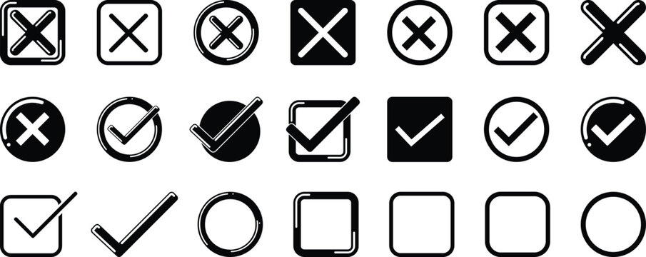 Vector Collection of hand drawn checkmarks and crosses in various shapes and styles