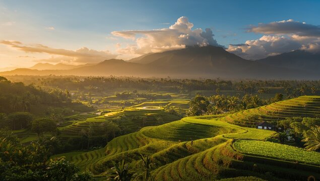 World heritage site in Bali, lush rice terraces and mountains, preservation