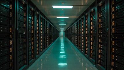 Modern data center corridor with rows of illuminated server racks