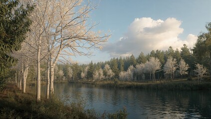 Obraz premium Snow-covered trees in a forest setting, highlighting seasonal change