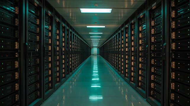 Modern data center corridor with rows of illuminated server racks
