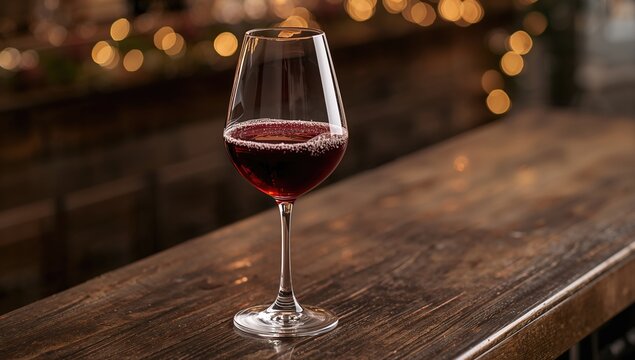 Red wine served in a glass atop a wooden bar, suitable for social gatherings